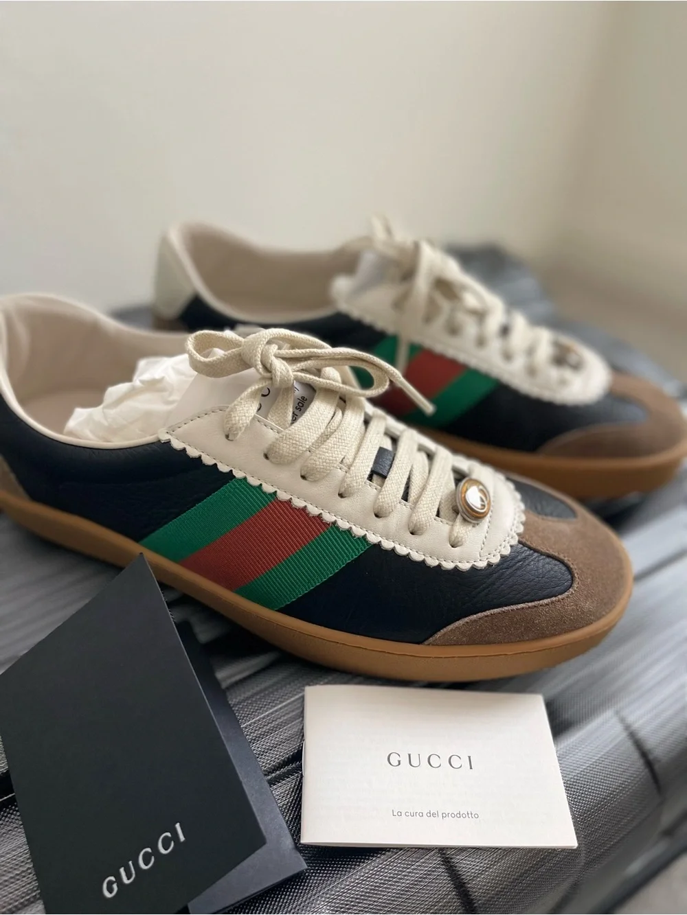Gucci Black Leather Sneakers with Green & Red Web and Brown Suede Toe